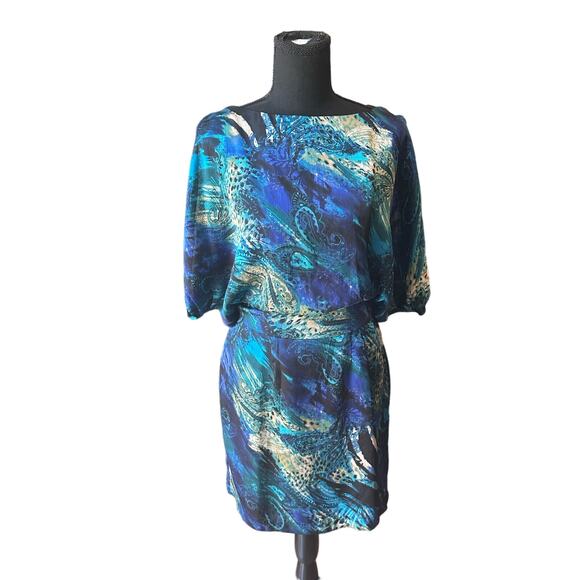 Bisou Bisou Cut Out Peacock Jewel Tone Off Shoulder SILK Mini Dress SZ 4 EUC - Picture 1 of 16